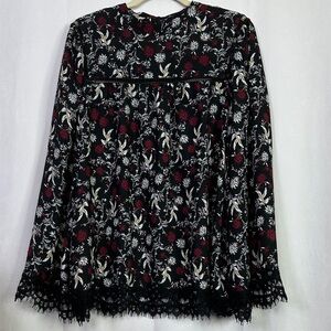 Ella Moon Black Red Floral Lace Boho Bell Sleeve Top